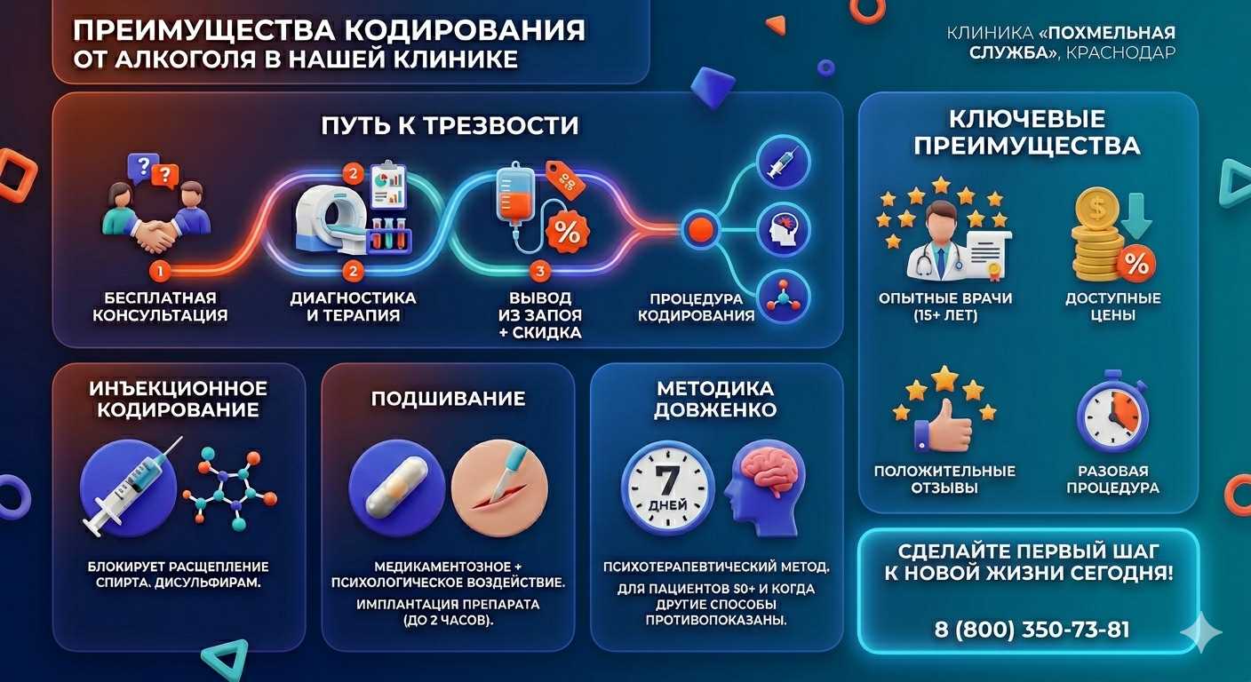 Инфографика о методах кодирования от алкоголя в Ярославле: инъекции, подшивание, метод Довженко. Преимущества клиники и этапы лечения.
