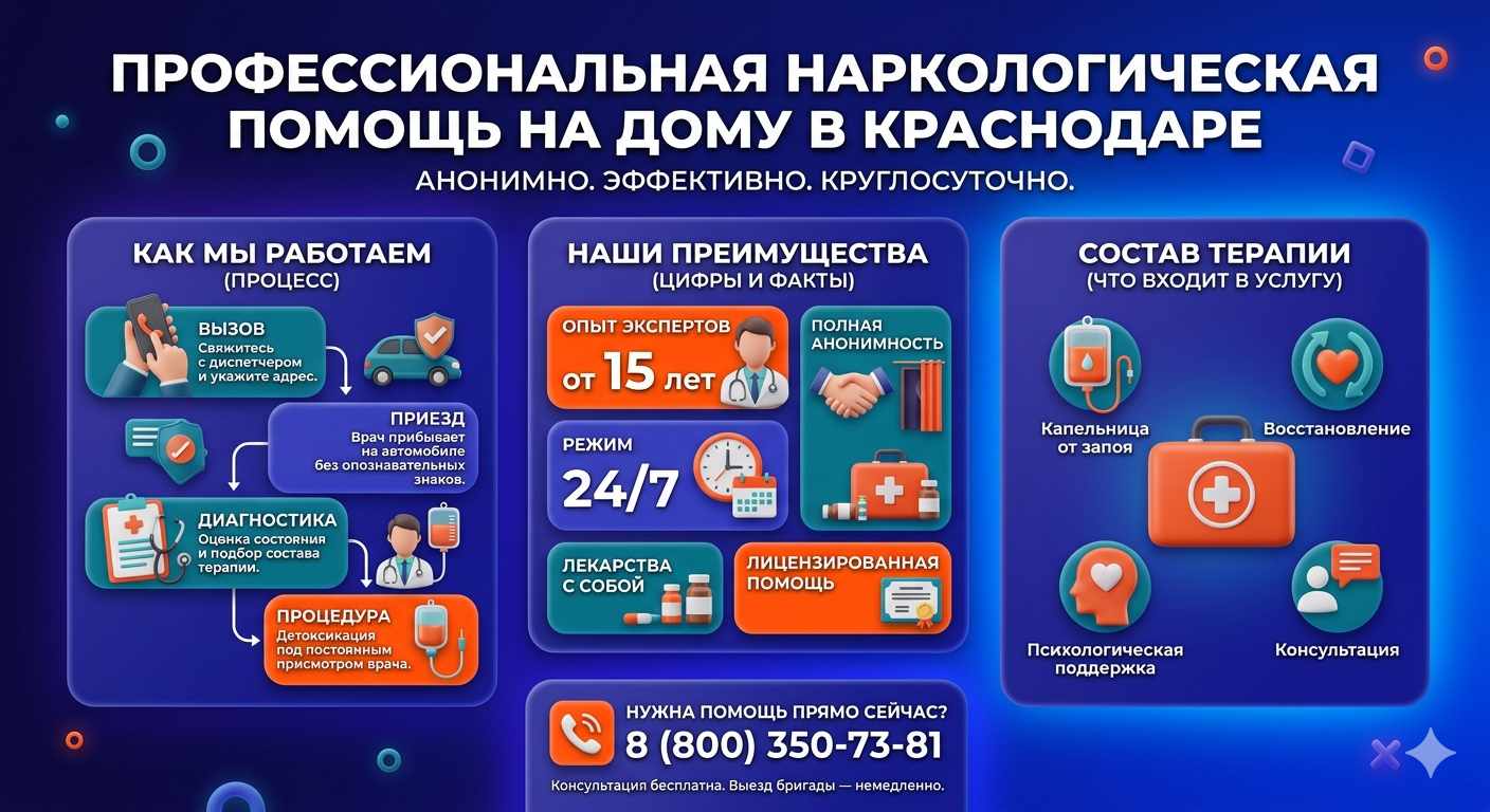 Инфографика о принципах лечения алкоголизма на дому в Ярославле: этапы вызова нарколога, преимущества анонимной детоксикации и состав медицинской помощи.